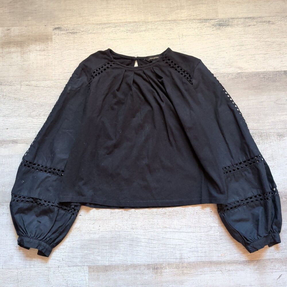 Banana Republic Black Eyelet Blouse Womens S Cotton Modal Balloon Sleeves